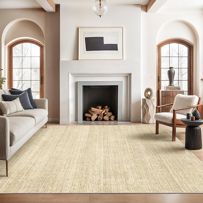 8x10 Area Rugs for Living Room, Large Washable Rug Non Slip, Tan | Soft Low Pile, Thin & Lighweight Carpet, Folable Stain Resistant Modern Indoor Floor Mat for Bedroom, Dining Room, Home Decor