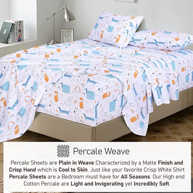 RUVANTI 100% Cotton Percale Sheets Queen Size, Puppy Me | Crisp Cooling, Deep Pocket 16", Soft Breathable & Durable, Hotel-Style, 4 Piece Set