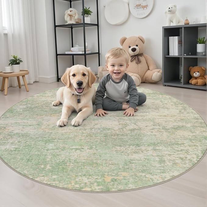 Round Area Rug Living Room: 5 ft Modern Washable Indoor Carpet | For Bedroom Dining Room Farmhouse Nursery Hallway Office,Modern Abstract,Machine washable,Non-Slip,Stain Resistant,Indoor