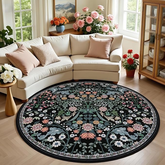 PLHXFR Round Area Rug Living Room: 6 ft Floral Washable Carpet Dark Black | For Bedroom Dining Room Farmhouse Nursery Hallway,Vintage Floral,Machine washable,Non Slip,Stain Resistant,Large Indoor