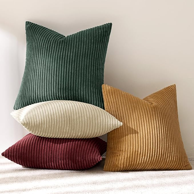 MIULEE Corduroy Decorative Throw Pillow Covers Christmas Red Green 18x18 | Set of 4, Mordern Nordic Christmas Decor, Green Red Accent Set, Boho Farmhouse Cushion Covers for Couch Bed Sofa Living Room