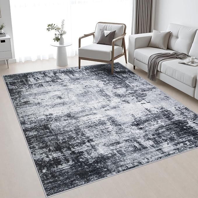 Area Rug Living Room: 4x6 Modern Washable Soft Carpet Dark Black | For Bedroom Dining Room Farmhouse Nursery Hallway Office,Modern Abstract,Machine washable,Non-Slip,Stain Resistant,Indoor