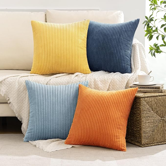 MIULEE Soft Corduroy Decorative Throw Pillow Covers Blue-Orange 18x18 | Set of 4, Mordern Nordic Coastal Decor, Summer Sky Wheat Set, Boho Farmhouse Cushion Covers for Couch Bed Sofa Living Room