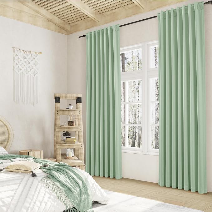 100% Blackout Curtains 102 Inch Length 2 Panels Set for Living Room Bedroom Back Tab Thermal Insulated Black Out Linen Drapes Room Darkening Window Curtains Aqua Green 52x102