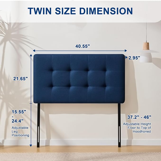 Linen Stitched Tufted Twin Headboard, Adjustable Height 37.2-46 in, Blue | Wood Twin Headboard Only, Padded Support for Reading, Relaxing or Working in Bed, Stable Non-Slip Design, Fits Bed Frame