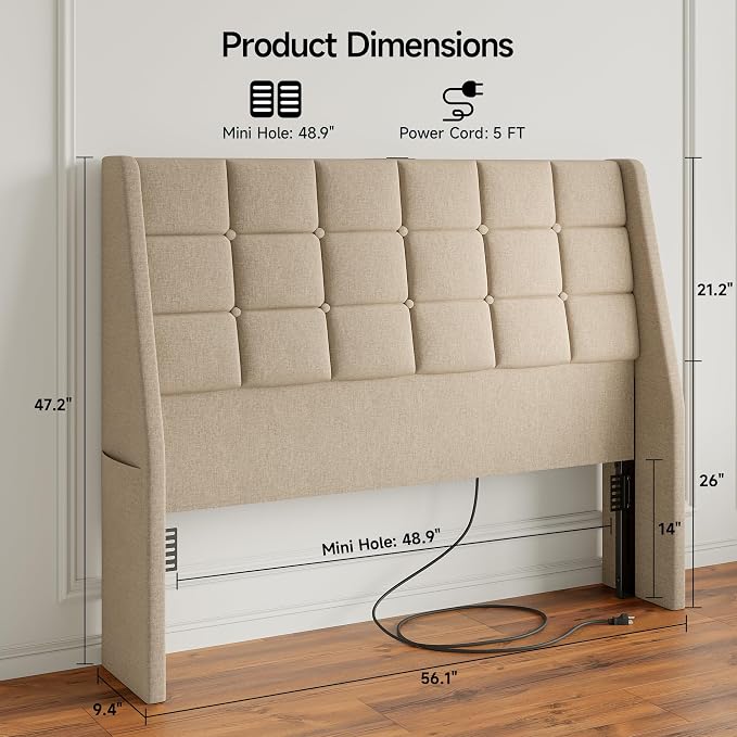 Full Size Headboard with Charging Station, Wingback Ergonomic Headboards | Wingback Upholstered Bed Head Board with Storage Pocket, Sturdy Stable Solid Wood Headboard Only, Bed Frame Adapters, Beige