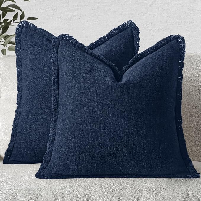 MIULEE Boho Linen Fringe Decorative Throw Pillow Covers Dark Navy 16x16 | Set of 2, Cottagecore Decor, Boho Farmhouse Coastal Pillow Covers, Rustic Couch Cushion Cases for Sofa Bed Living Room