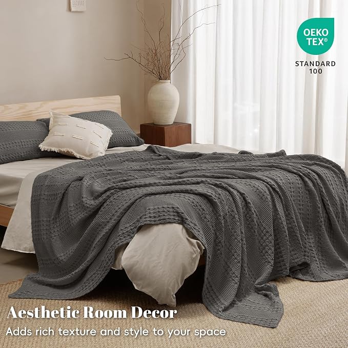 PHF Lightweight 100% Cotton Waffle Blanket for Bed, Queen, Charcoal Grey | Pre-Washed Soft Cotton Comfort, Breathable Layering Warmth for Fall & Winter, Bed, Sofa, Couch, Home Decor & Gifts