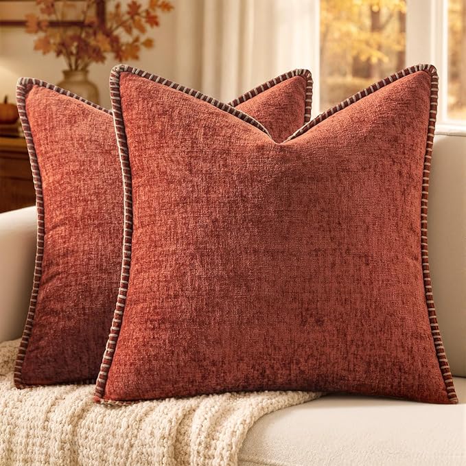 MIULEE Fall Decorative Couch Throw Pillow Covers 20x20 Inch Burnt Orange | 2 Pack, Terracotta Farmhouse Pillow Covers with Stitched Edge, Soft Chenille Cushion Cases, Sofa Bed Living Room Home Decor