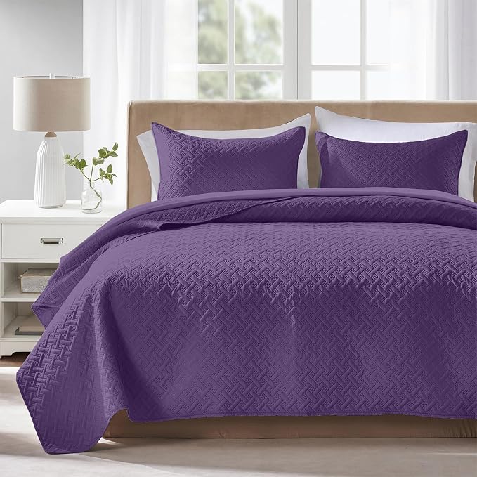 FLYMME Quilts Queen Size,Lightweight Purple Bedspreads,Basket Weave Pattern,Ultra Soft Microfiber Bed Coverlet 3 Pieces for All-Seasons (1 Quilt,2 Shams)