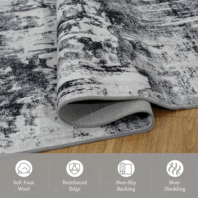 Rugflix 2x3 Entrance Rugs, Washable Black Grey Dark Entry Small Rug | Machine Washable; Stain-Resistant; Low Pile; Non-Slip; Modern Abstract; Black Carpet for Entryway Kitchen Hallway Home