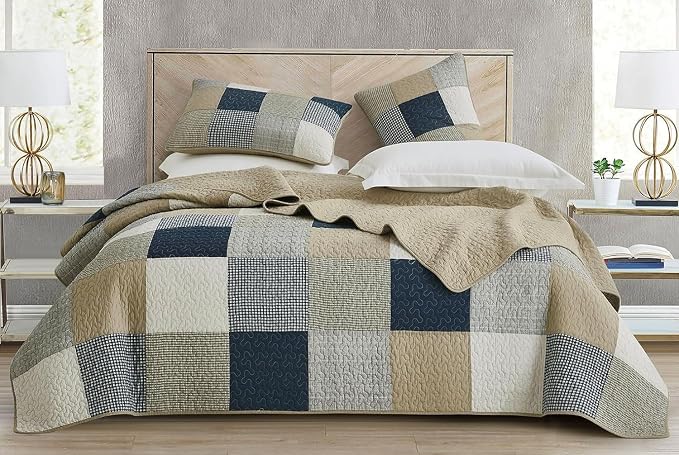 Chezmoi Collection Samuel 3-Piece Navy Blue White Gray Taupe Plaid Square Patchwork Quilt Set - Pre-Washed Cotton Quilted Lightweight Reversible Bedspread for All Seasons, Oversized King Size