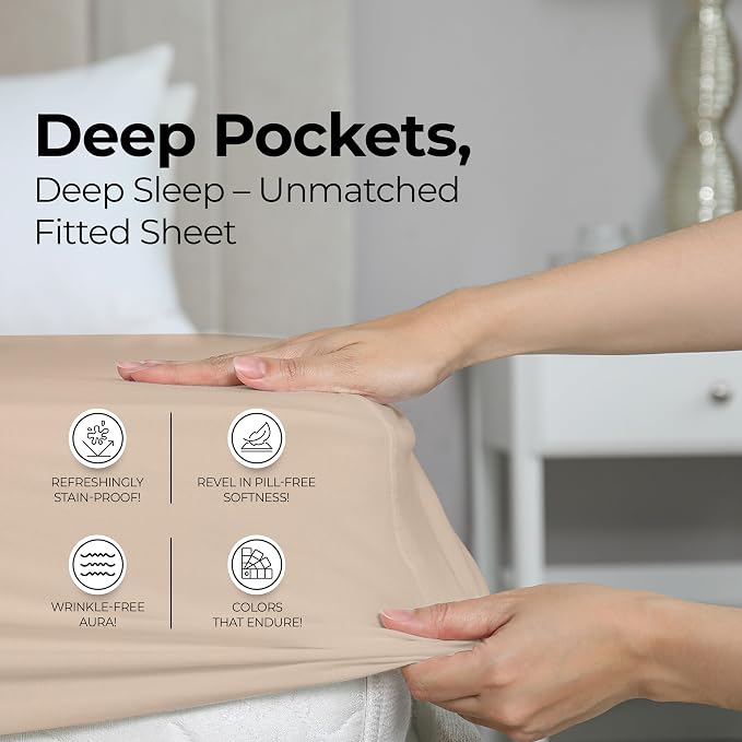 King Fitted Sheet, Ultra Soft Fits Up to 16 Inch Deep Pocket, Beige | Hotel Comfort, Cooling & Breathable Cotton like Polyester, Easy Fit, Wrinkle & Fade Resistant, Snug Fit, Easy Care, Oeko-Tex