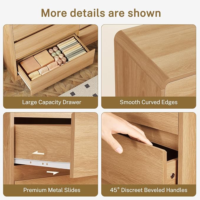 TEENFON 55" Dresser for Bedroom with 6 Drawers, Dressers & Chests of Drawers with Curved Profile Design, 6 Drawer Dresser, Bedroom Dressers, Wood Dressers for Bedroom, Hallway, Natural