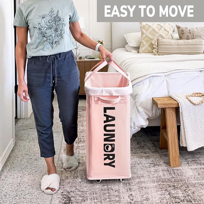 Goodpick 2-Pack Laundry Hamper with Wheels, Dorm Essentials for Girls,75L | Rolling Laundry Basket with Handles for Dirty Clothes, Fodable Hamper for Laundry Room College Dorm, Pink