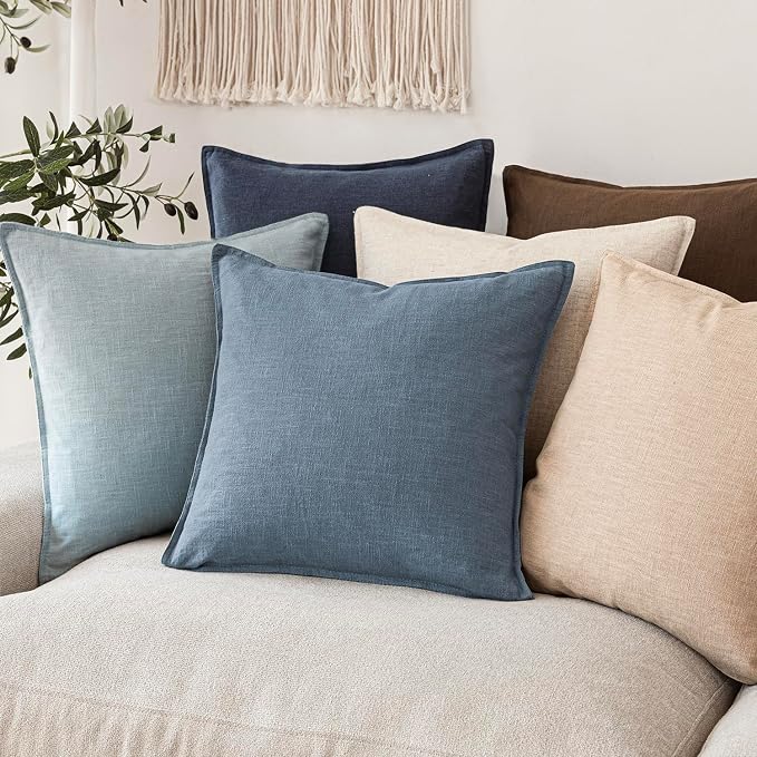 Foindtower Linen Solid Decorative Throw Pillow Covers 18x18 Inch Misty Blue | Pack of 2 Boho Farmhouse Neutral Pillowcase,Soft Euro Accent Cushion Covers,Home Decor for Bed Couch Sofa Bedroom Living Room