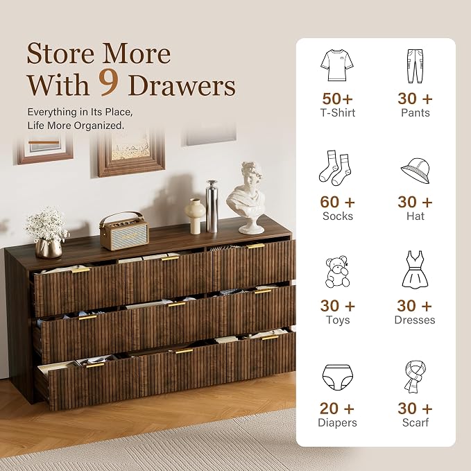 Furniway Walnut Dresser for Bedroom, Modern Dresser with 9 Drawers and Smooth Slides, Wide Chest of Drawers with Golden Handles for Bedroom, Living Room, Closet, 15.7" D x 63" W x 31.5" H