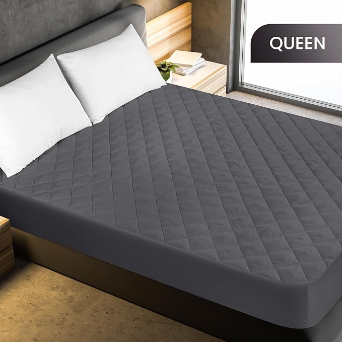 Quilted Fitted Mattress Pad, Queen Mattress Protector Topper with Deep Pocket Stretches up to 16 Inches, Machine Washable Mattress Cover by Utopia Bedding (Grey) | Soft Breathable Fitted Mattress Cover, Noiseless, Deep Pockets & Machine Washable for Ho...