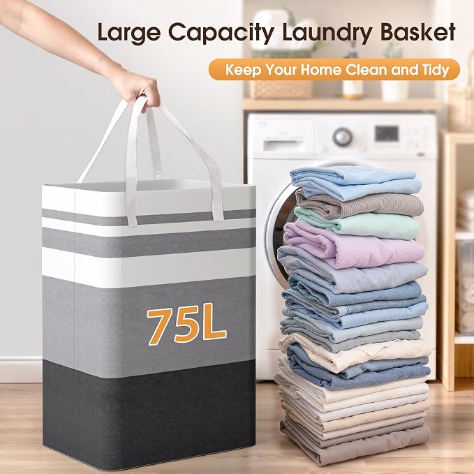 HomeHacks 2 Pack Large Laundry Baskets, Laundry Hampers Bags (Grey 75Lx2) | Waterproof, Freestanding, Collapsible Clothes Hamper with Reinforced Handles in Laundry Room, Dorm, Bathroom, Bedroom