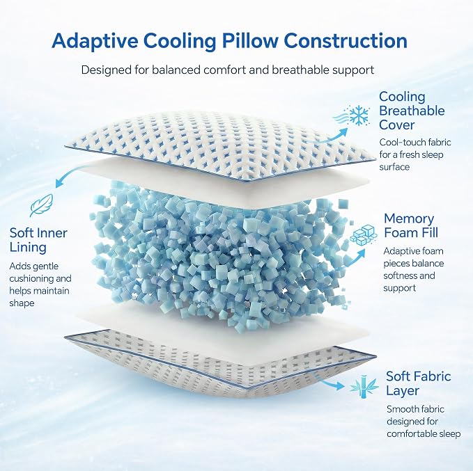 Queen Size Pillow 1 Pack for Sleeping, Cooling Adjustable Memory Foam Pillow, Dual Fill Design Helps Maintain Shape, Breathable Washable Cover