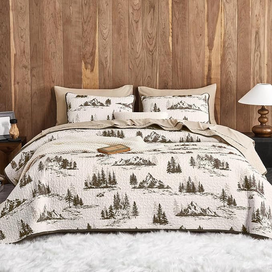 Wake In Cloud - Rustic Quilt Set, Cabin Forest Woodland Camping Theme with Lodge Mountain Print, Reversible Lightweight Bedspread Coverlet, 3 Pieces, Beige Brown, King Size