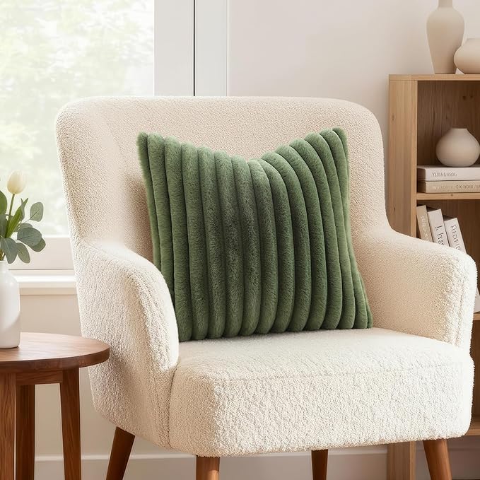 decorUhome Fall Faux Fur Throw Pillow Covers 22x22 Set of 2 Olive Green | Decorative Soft Cozy Striped Plush Modern Farmhouse Boho Couch Pillow Cases Velvet Back for Sofa Bed Living Room Home Decor