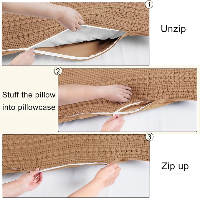 PHF 100% Cotton Waffle Body Pillowcase with Zipper, 1 Pack 20" x 54" Soft Skin-Friendly Pillow Sham, No Filling, Aesthetic Woven and Breathable Waffle Weave Body Pillow Cover for Bed, Clay