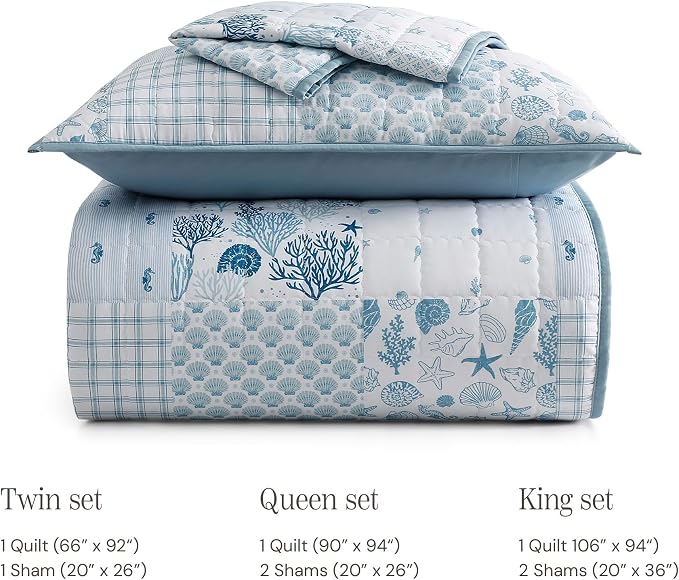 Queen Quilt Set-3 Pieces Soft Bedding Lightweight Floral Patchwork Coverlet | All Seasons Quilts Queen Size for Bed, 1 Quilt (90" x 94") and 2 Shams (20" x 26"), Vintage Bedspread, Coastal Blue