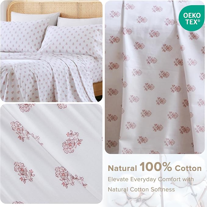 Comfort Spaces 100% Cotton Percale Sheets Twin Sheet Set 3 Pcs, Floral Pink | Crisp, Cool & Breathable Bed Sheets, 12" Deep Pocket Fits Up to 14" Mattress, Lightweight, All Season Cozy, with Pillow Case