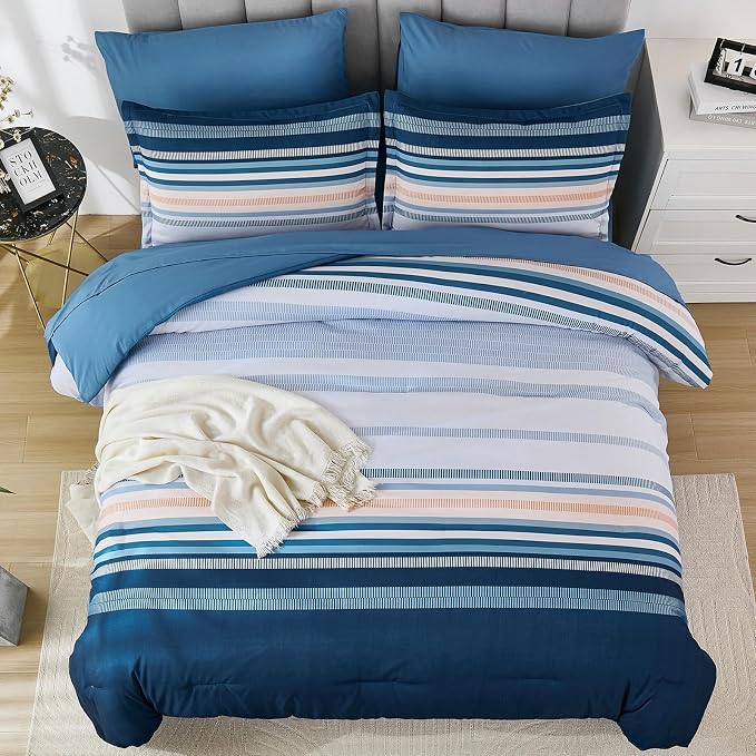 Dobuyly Blue King Size Comforter Set 7 Pieces, Boho Striped Bed in a Bag Soft Microfiber All Season Bedding Set with Comforter, Sheets, Pillowcases & Shams