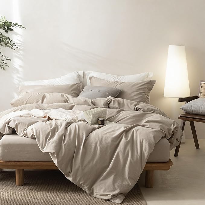 BDEAR 3Pcs Linen Grey Duvet Cover California King Size 104" W x 98" L | 100% Washed Cotton, 1 Duvet Cover with 2 Pillowcases, Zipper Closure, OEKO TEX Standard,8 Corner Ties,Linen-Liked Texture