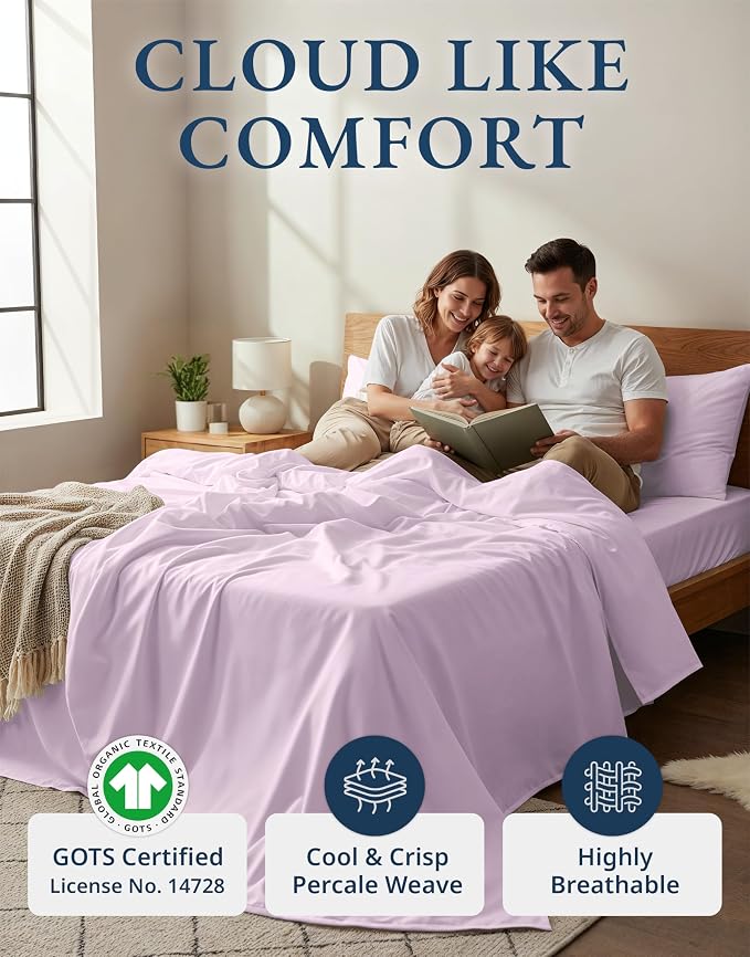 LANE LINEN King Sheets 100% Organic Cotton Cooling Soft 4pc - Orchid Petal | 100% Organic Cotton Percale King Sheet Set - Easy-Care Machine Washable, Breathable For Year-Round Sleep, For Hot Sleepers
