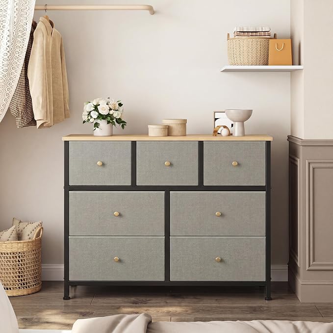 OLIXIS 7 Drawer Fabric Dresser, Storage Tower for Bedroom and Closet | Easy-Pull Bins for Closet Organizers, Chest of Drawers with Steel Frame & Wooden Top for Living Room, Entryway, Dark Green