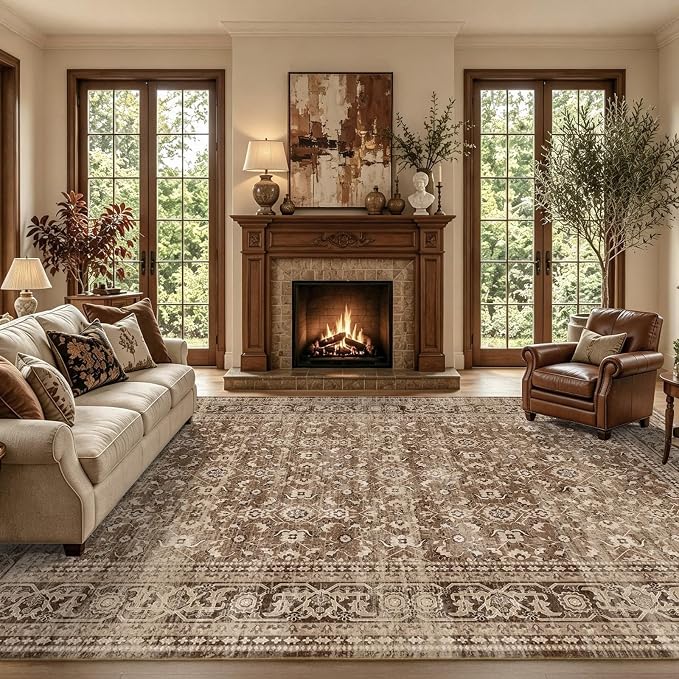 8x10 Ft Large Area Rugs for Living Room, Soft Non-Slip Machine Washable Rug, Vintage Stain Resistant Carpets for Bedroom Nursery Dining Room Home Decor (Brown)