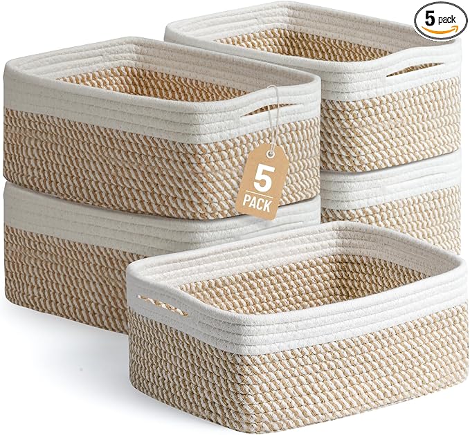 5 Pack Small Woven Storage Baskets for Shelves, Gift Baskets Empty | 11.8"x7.9"x4.7", Decorative Cotton Rope Baskets Organizer, Storage Bins for Organizing Bathroom, Closet, Nursery, Khaki/White
