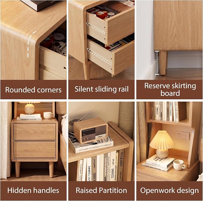 Solid Wood Bookshelf Nightstand Combo, Tall Nightstand with Bookshelf | Oak Nightstand Bookshelf,Solid Wood Nightstand with Drawers,Open Shelf Bookcase,for Bedroom,Living Room,Offices