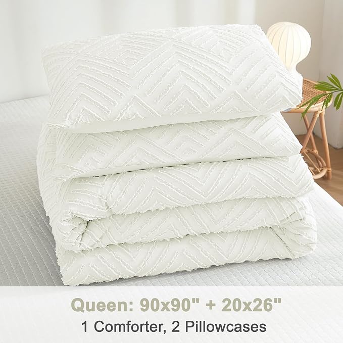 Litanika Queen Size Comforter Set, 3 Pieces Ivory Tufted Boho Bedding Set | Farmhouse Shabby Chic Vintage Bohemian Textured Aesthetic Soft Fluffy Lightweight Breathable All Season Bed Set for Queen Bed