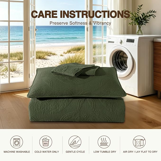 GOONE 100% Cotton Quilt Set King Size, Bedding Sets 108x98 in, Olive Green | Lightweight Breathable Bedspread for All Season, 3-Piece Floral Medallion Stitch Country Quilted Coverlet with 2 Pillow Shams