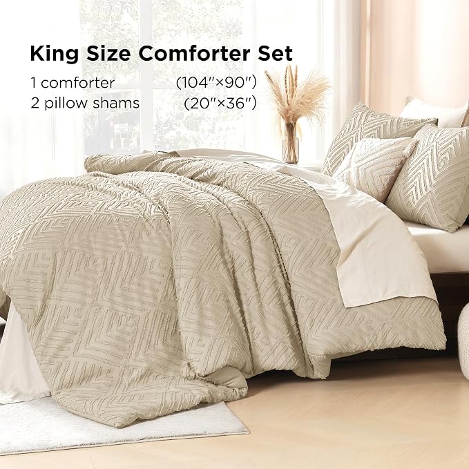 Litanika King Size Comforter Set, 3 Pieces Khaki Tufted Boho Bedding Set | Farmhouse Shabby Chic Vintage Bohemian Textured Aesthetic Soft Fluffy Lightweight Breathable All Season Bed Set for King Bed