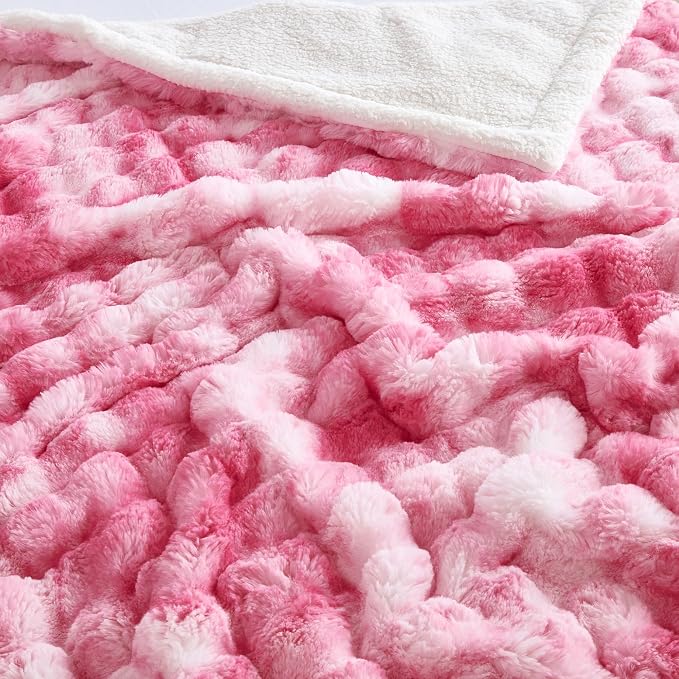 50x60 Inches Ultra-Soft Fuzzy Faux Fur Plush Throw Blanket - Thick, Warm Sherpa for Couch, Sofa, Bedroom, Camping - Decorative Blanket for Cozy Warmth, Bubble Pink Tie Dye