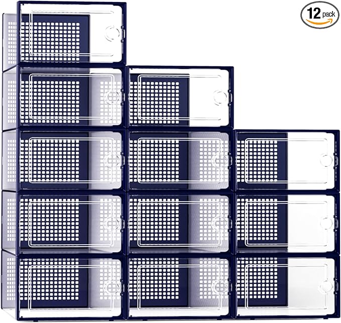 Kuject X-Large Shoe Storage Boxes 12 Pack, Clear Stackable Shoe Organizer | Shoe Case for Closet, Entryway & Under-Bed Storage, Drop-Front Design, Space-Saving Solution for Family Organization,Blue