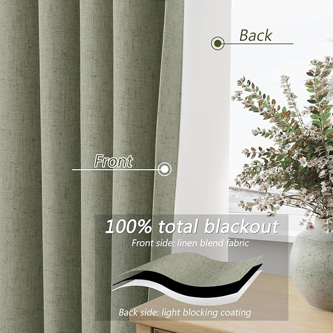 Sage Green 100% Blackout Curtains 54 Inch Length 2 Panels Set for Living Room Bedroom Back Tab Thermal Insulated Black Out Linen Drapes Room Darkening Window Curtains