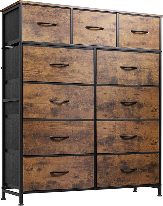 WLIVE Tall Dresser for Bedroom, 11 Drawer Chest of Drawers, Rustic Brown | 11 fabric storage drawers, Tall high-capacity design, Bedroom or dorm use, Sturdy steel frame, Smooth wood tabletop