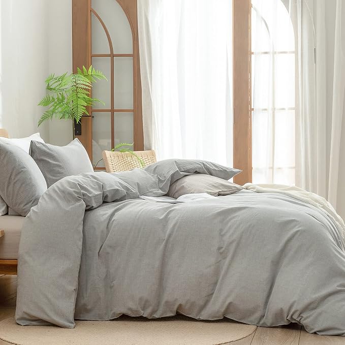 BESTOUCH Cotton Solid Duvet Cover Set Linen Feel Light Grey Queen | 100% Washed Cotton, Soft Wrinkle Texture, Hidden Zipper, 8 Ties, Breathable Lightweight Durable Comfy, 3 Pcs No Insert