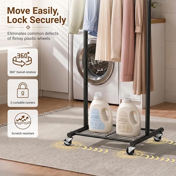 MISSLO 18" Small Clothes Racks for Hanging Clothes Arched Shape Black Clothing Rack with Wheels 70" Metal Rolling Garment Rack with Shelves for Small Space, Bedroom, Laundry, Black