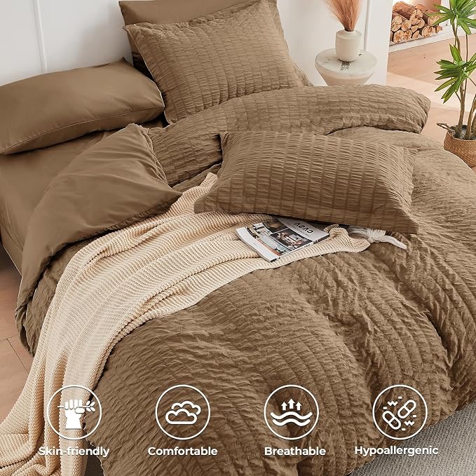 HYMOKEGE Brown Oversized Queen Comforter Set Seersucker 7 Pieces, All Season Luxury Bed in a Bag for Bedroom, Bedding Set with Comforter, Sheets, Pillowcases & Shams