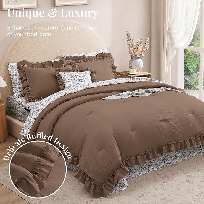 Twin XL Comforter Set-5 Pieces Ruffle Bedding Floral Sheet | Brown Bed in a Bag, Soft Lightweight All Season Farmhouse Twin XL Bedding Set with Floral Sheets, Pillowcases & Shams