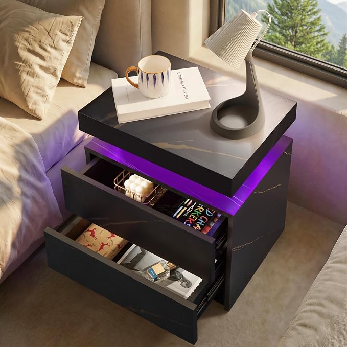 i-aplus LED Nightstand with Wood 2 Drawers Modern Bedside Table for Bedroom | Nightstands with App-Controlled RGB LED Lights, Night Stand with Storgae Drawer, Modern Bedside Table for Bedroom