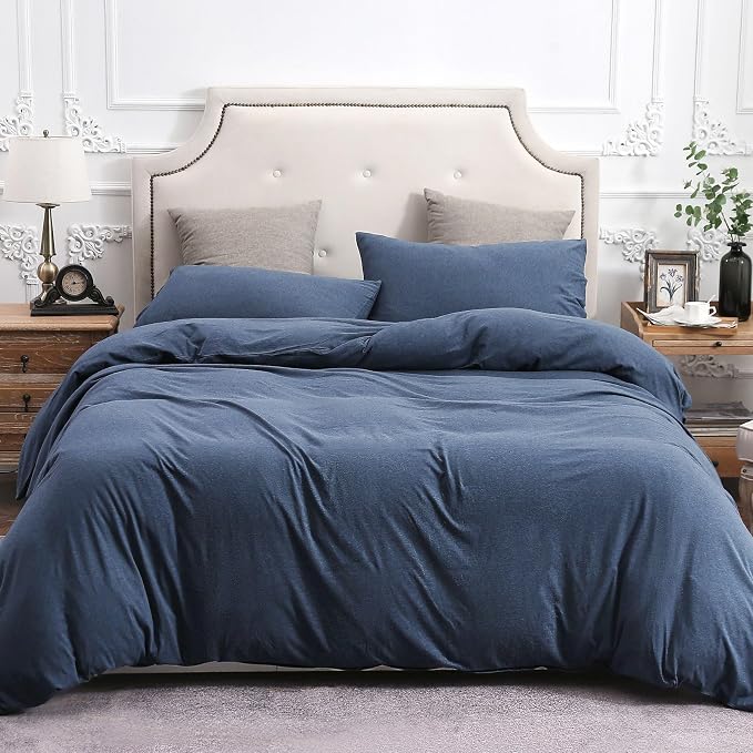 PURE ERA Jersey Knit Sheet Set Heather Navy Blue Queen | 100% Cotton, 3 Piece Set, T Shirt Soft, Breathable, Envelope Closure Pillowcases, Hidden Zipper, 8 Ties, No Insert, Modern