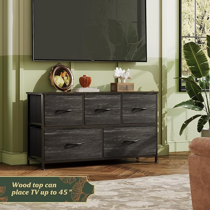 WLIVE Wide Dresser for Bedroom, 5 Drawer Chest of Drawers, Black Wood Grain | 5 roomy fabric drawers, Wide storage design, Bedroom or closet use, Sturdy steel frame, Smooth wood tabletop